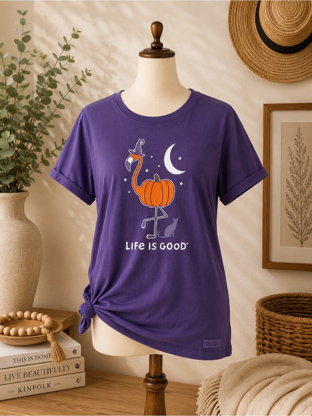 Life Is Good Graphic Tee Large Purple Halloween Flamingo Pumpkin Shirt NWOT